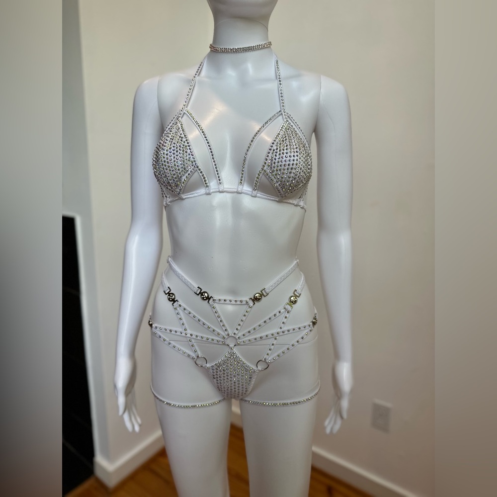 White AB Rhinestone 4 Piece Lingerie Set Bikini XS, D Cup, Festival, Rave, Dance - Picture 5 of 13